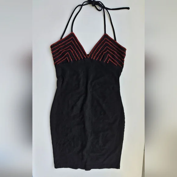 Hunza G Vintage Black With Crimson Beading Double Halter Strap Mini Dress - Picture 7 of 15